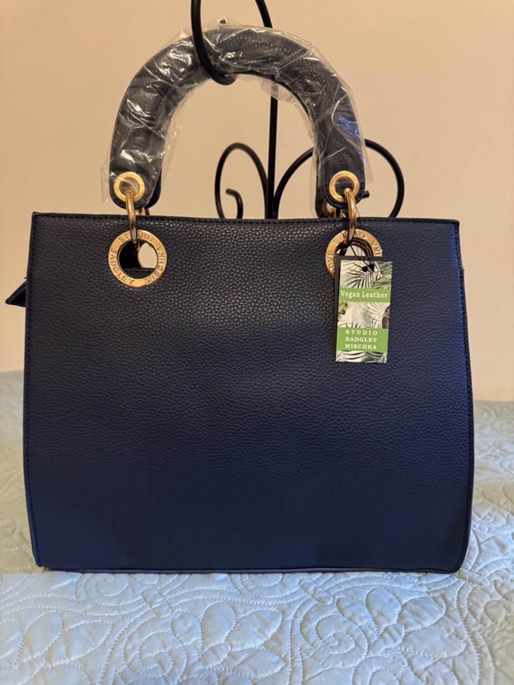 Badgley Mischka Navy Satchel Handbag with detachable crossbody straps - Picture 3 of 7